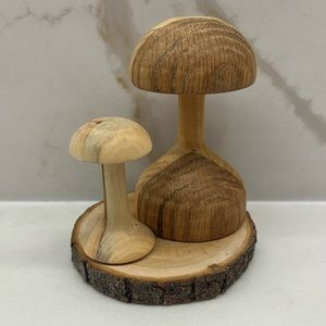 Vintage Wooden Mushrooms on Wooden Base Likely Hobbyist